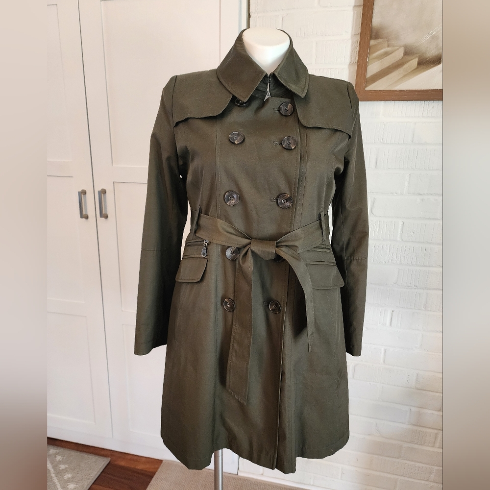 DKNY Olive Green Belted Trench Coat Size L Classic Fall Winter Outerwear